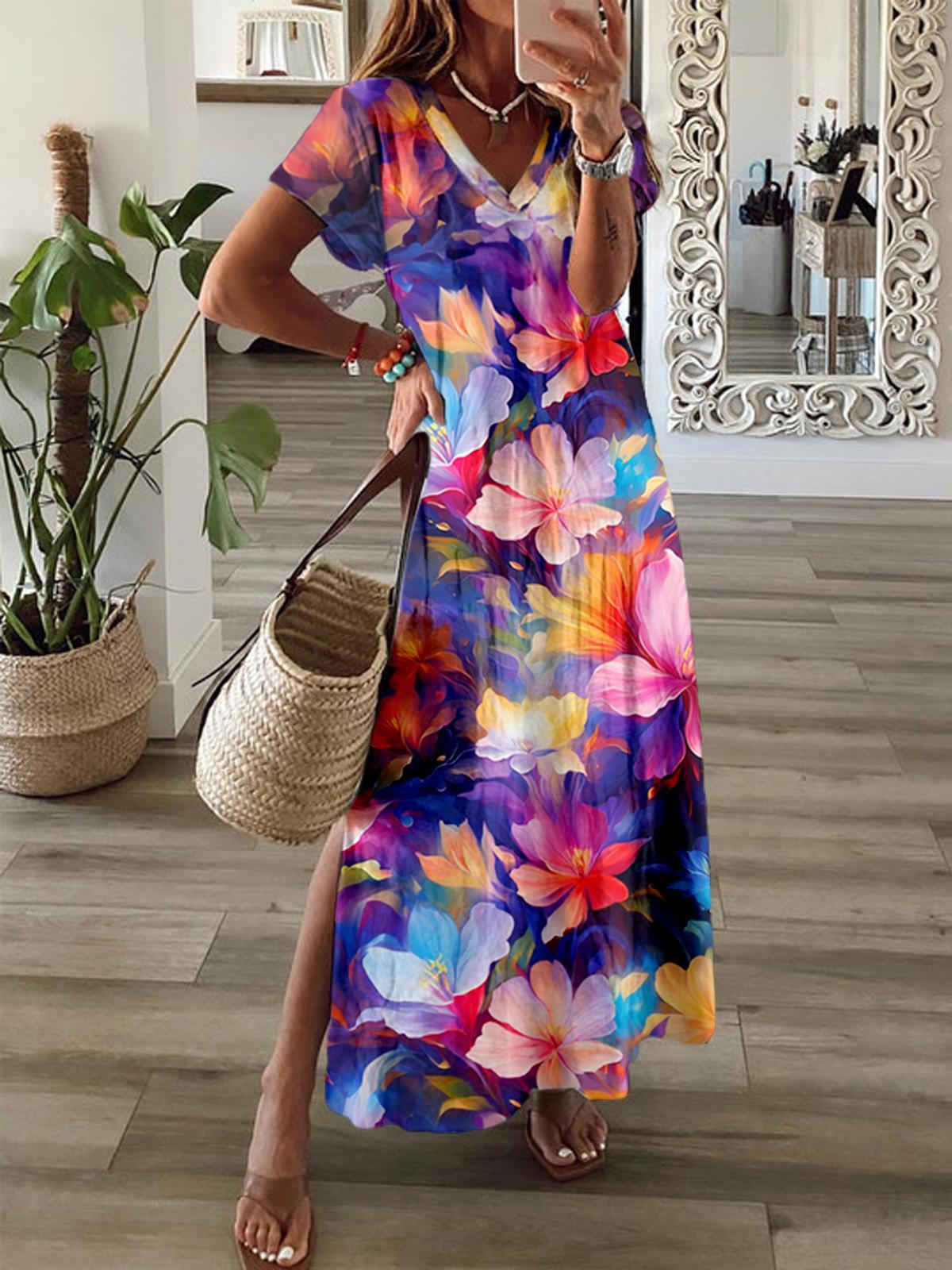 Vibrant Flower Printed V Neck Maxi Dress