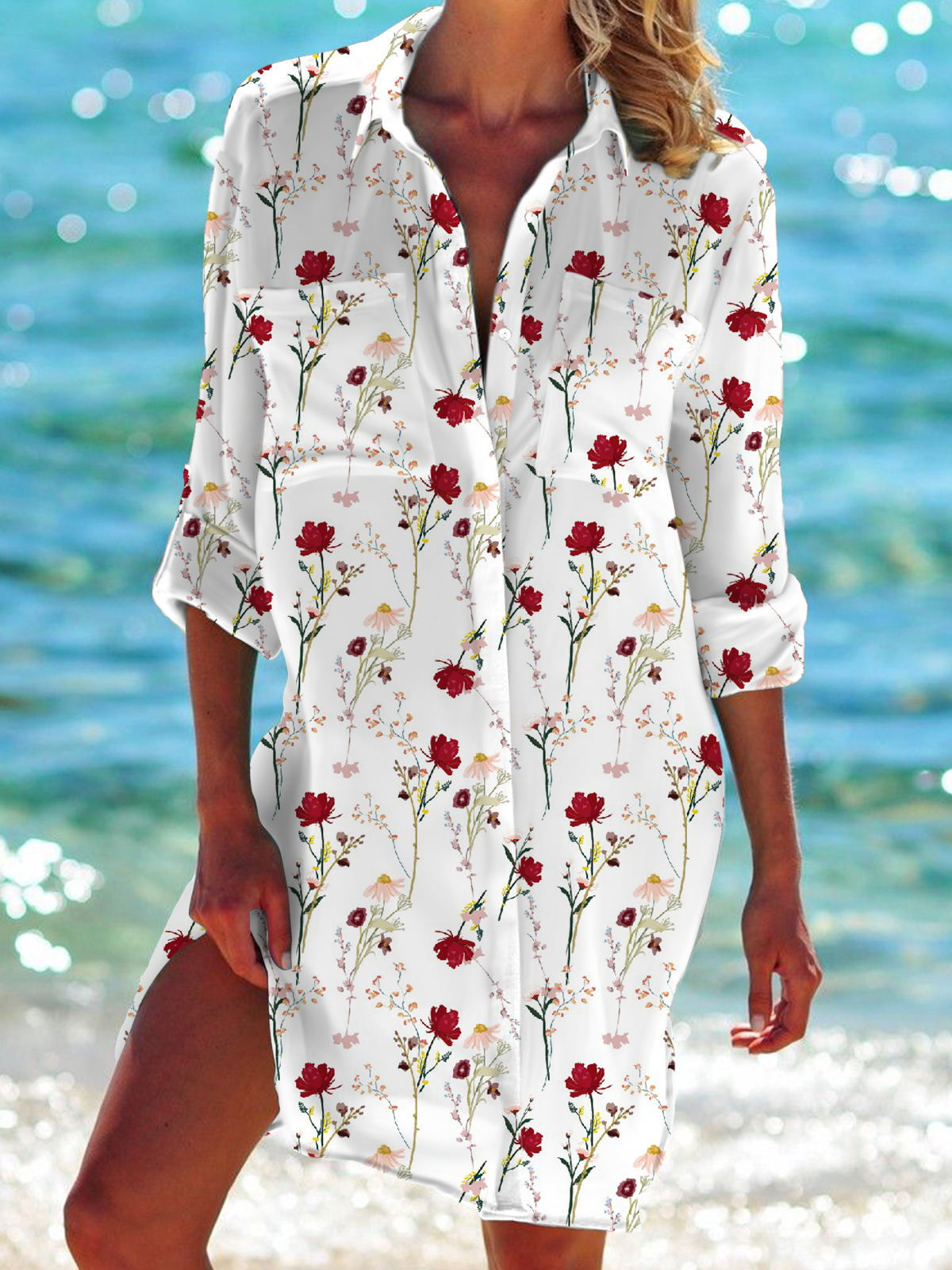 Floral Long Sleeve Beach Shirt Dress