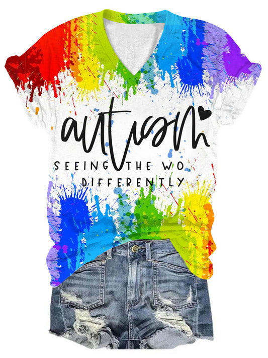 Autism Color Splash Ink Printed V-Neck T-Shirt