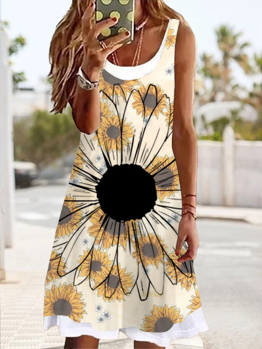 Sunflower Print Ladies False Two Dress