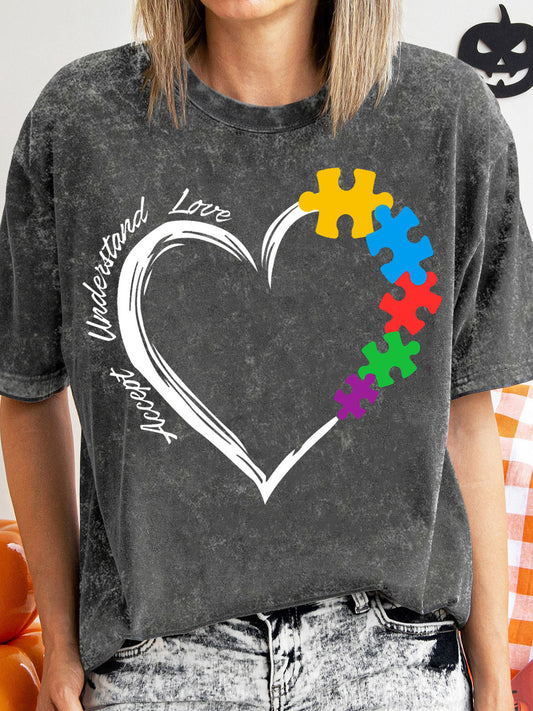 Heart Autism Puzzle Unisex Short Sleeve Washed T-Shirt