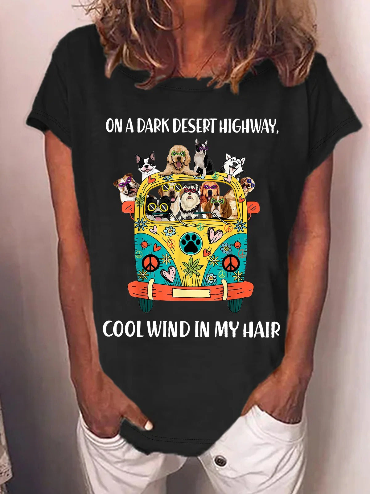 Funny On A Dark Desert Highway Cool Wind In My Hair Graphic Printing Casual Cotton-Blend Text Letters Crew Neck T-shirt