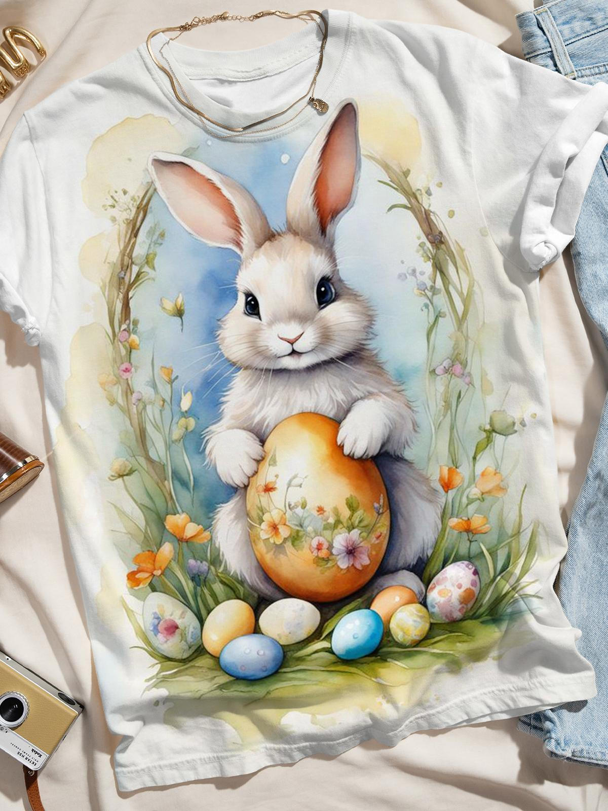 Easter Day Bunny Print Crew Neck T-shirt