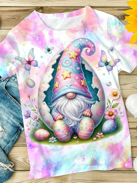 Easter Egg Gnome Print Crew Neck T-shirt