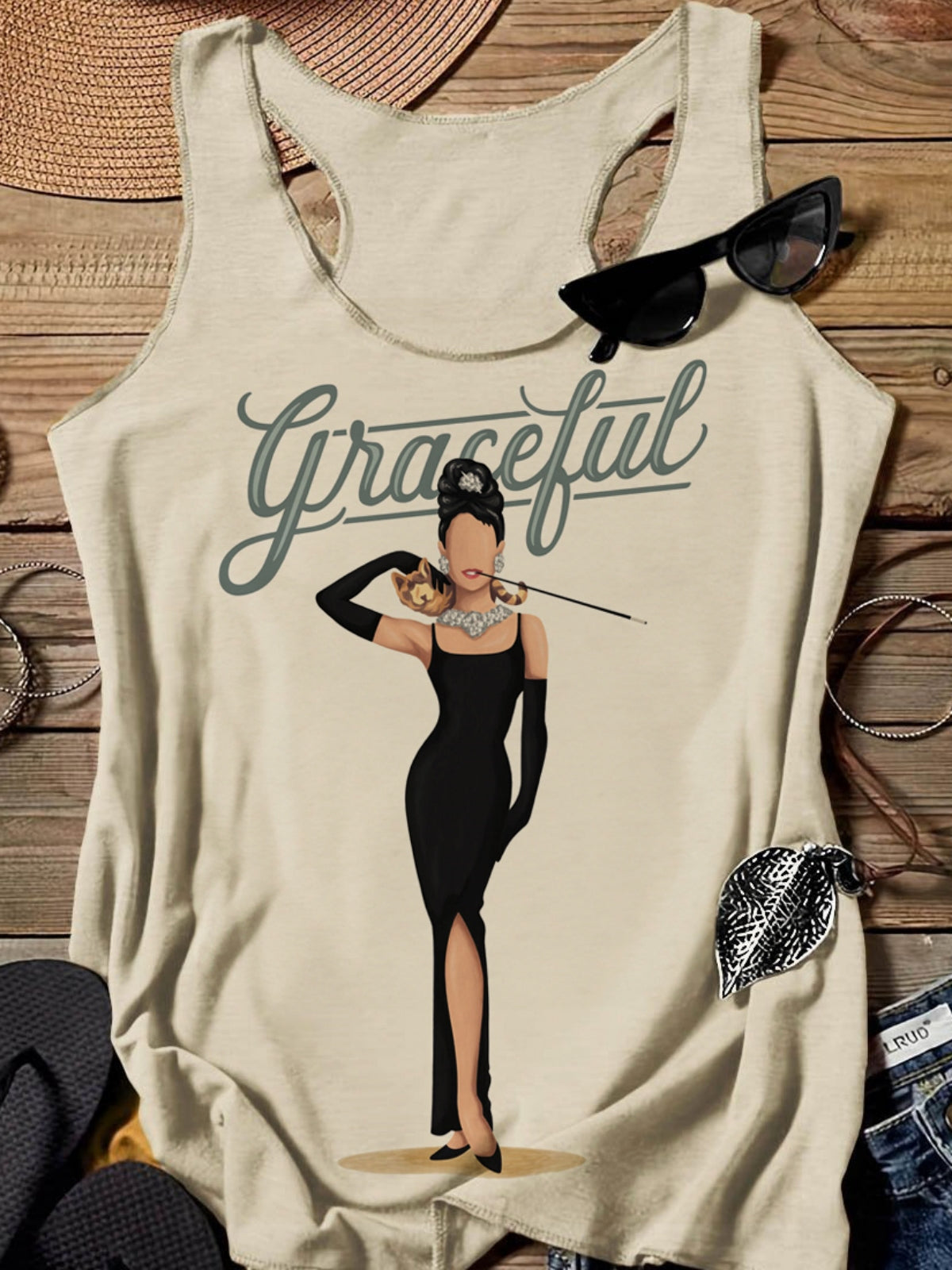 Graceful Black Dress Lady Printed Casual Tank Top