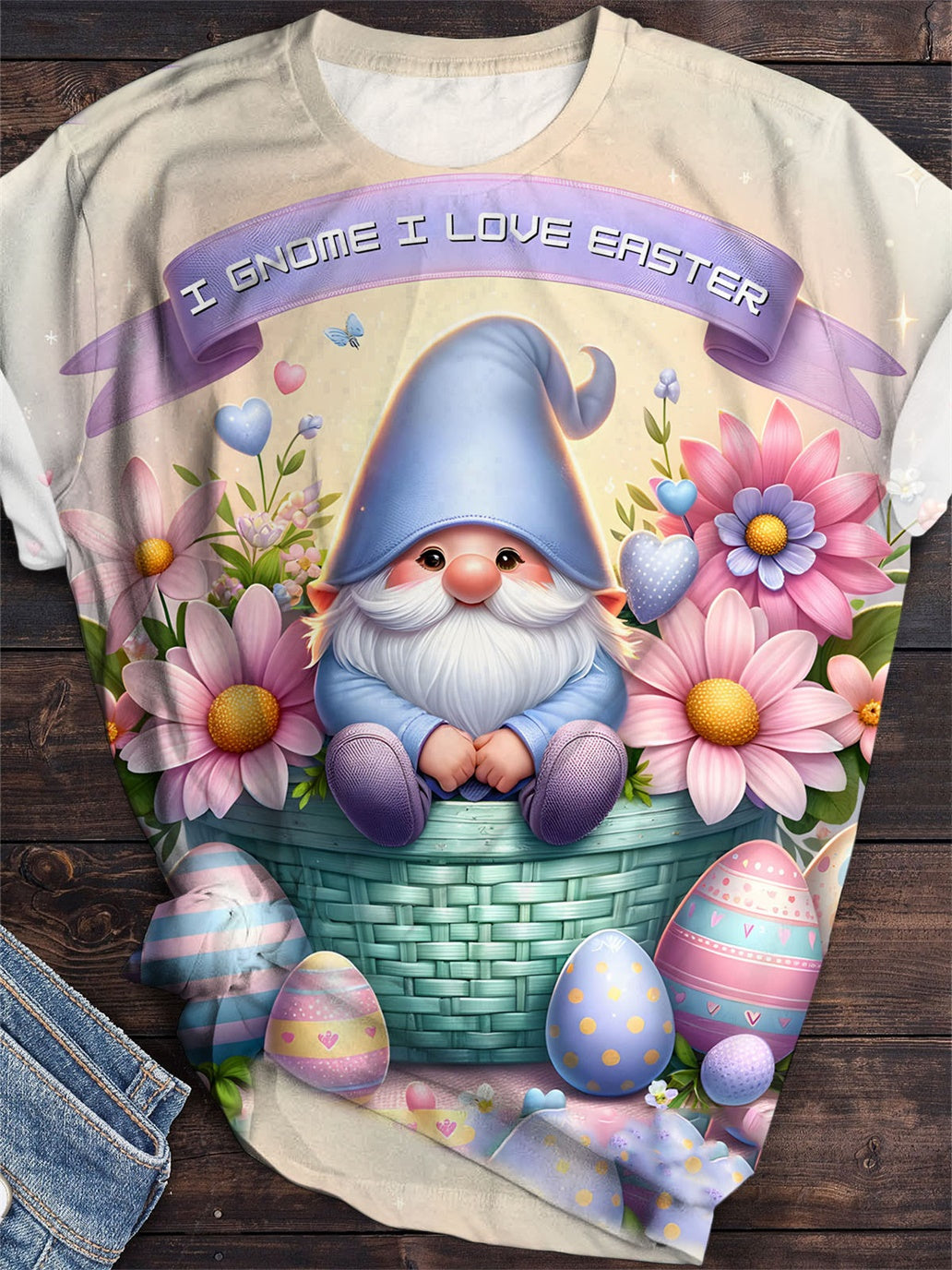 Gnome Love Easter Print Short Sleeve Crew Neck T-Shirt