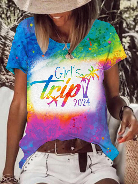Girl's Trip 2024 Rainbow Tie Dye Printed T-shirt