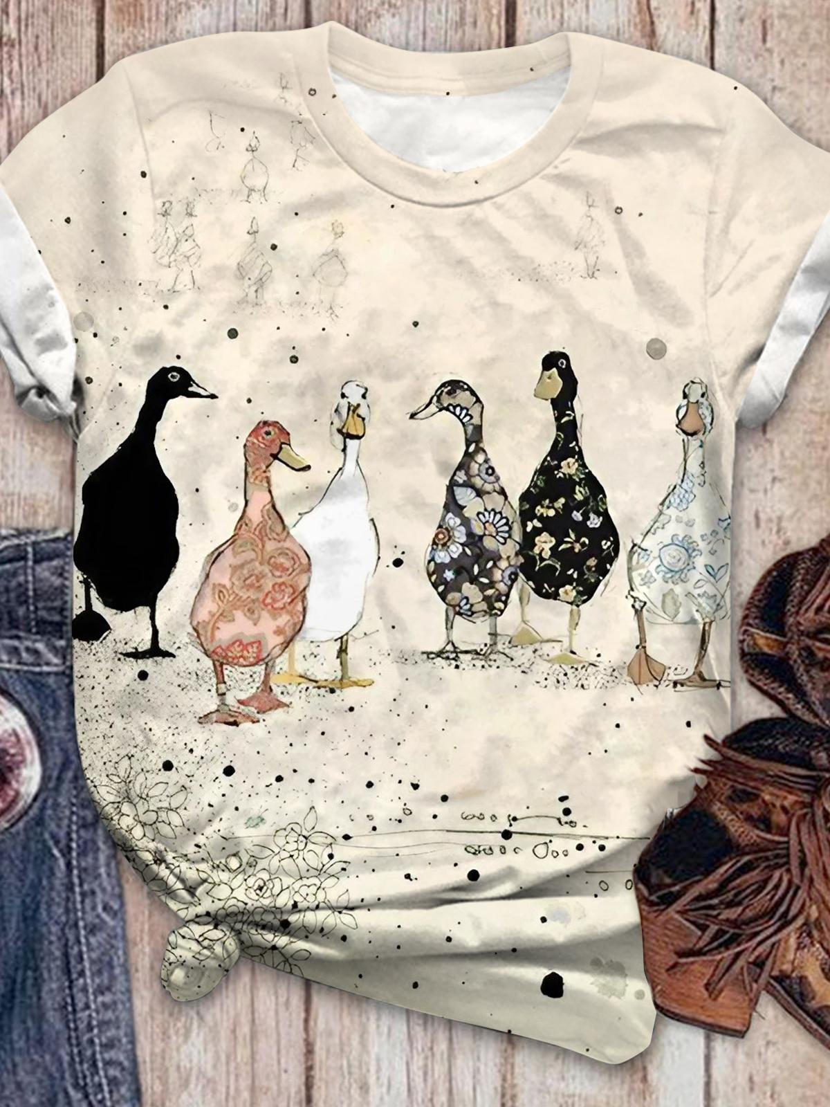 Vintage Ducks Print Crew Neck T-shirt