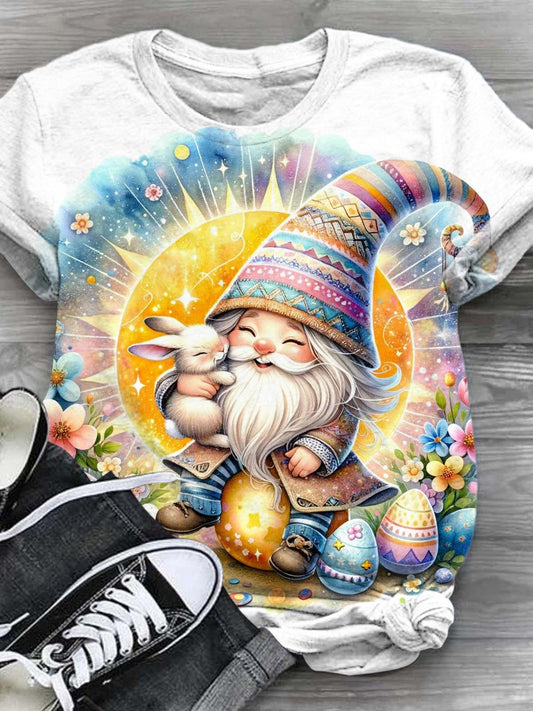 Easter Gnome Print Crew Neck T-shirt