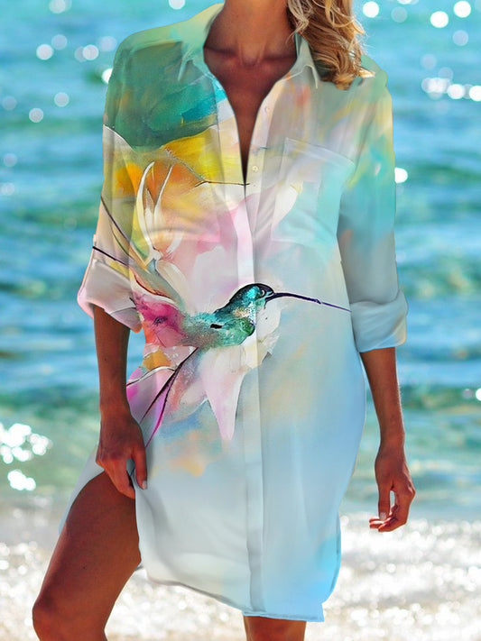 Hummingbird Long Sleeve Beach Shirt Dress