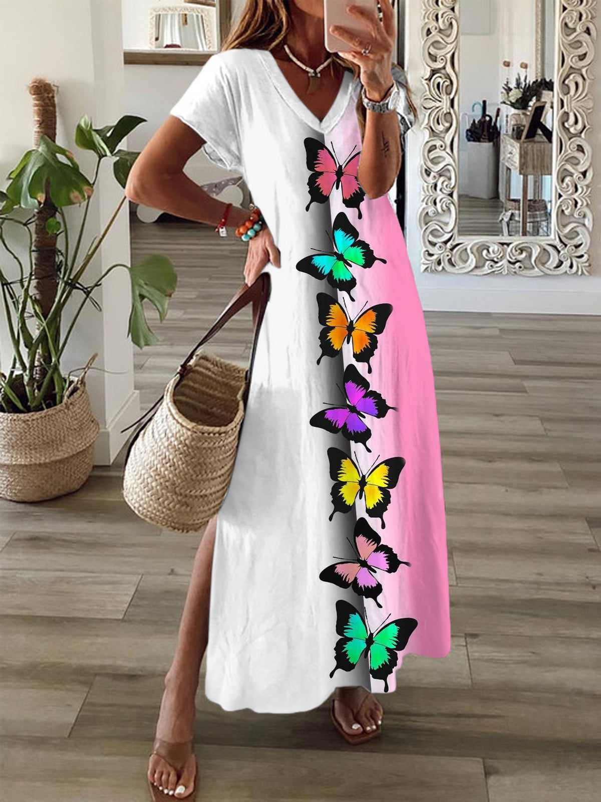 Butterfly Print Short Sleeve V Neck Maxi Dress