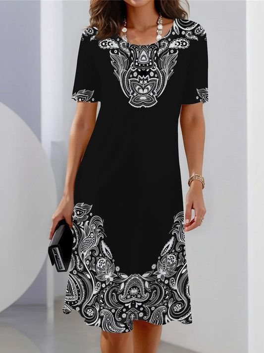Black And White Floral Paisley Short Sleeve Crew Neck Dress