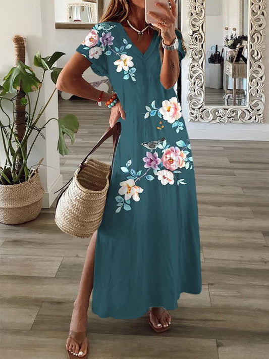 Casual Floral Print Short Sleeve V Neck Maxi Dress