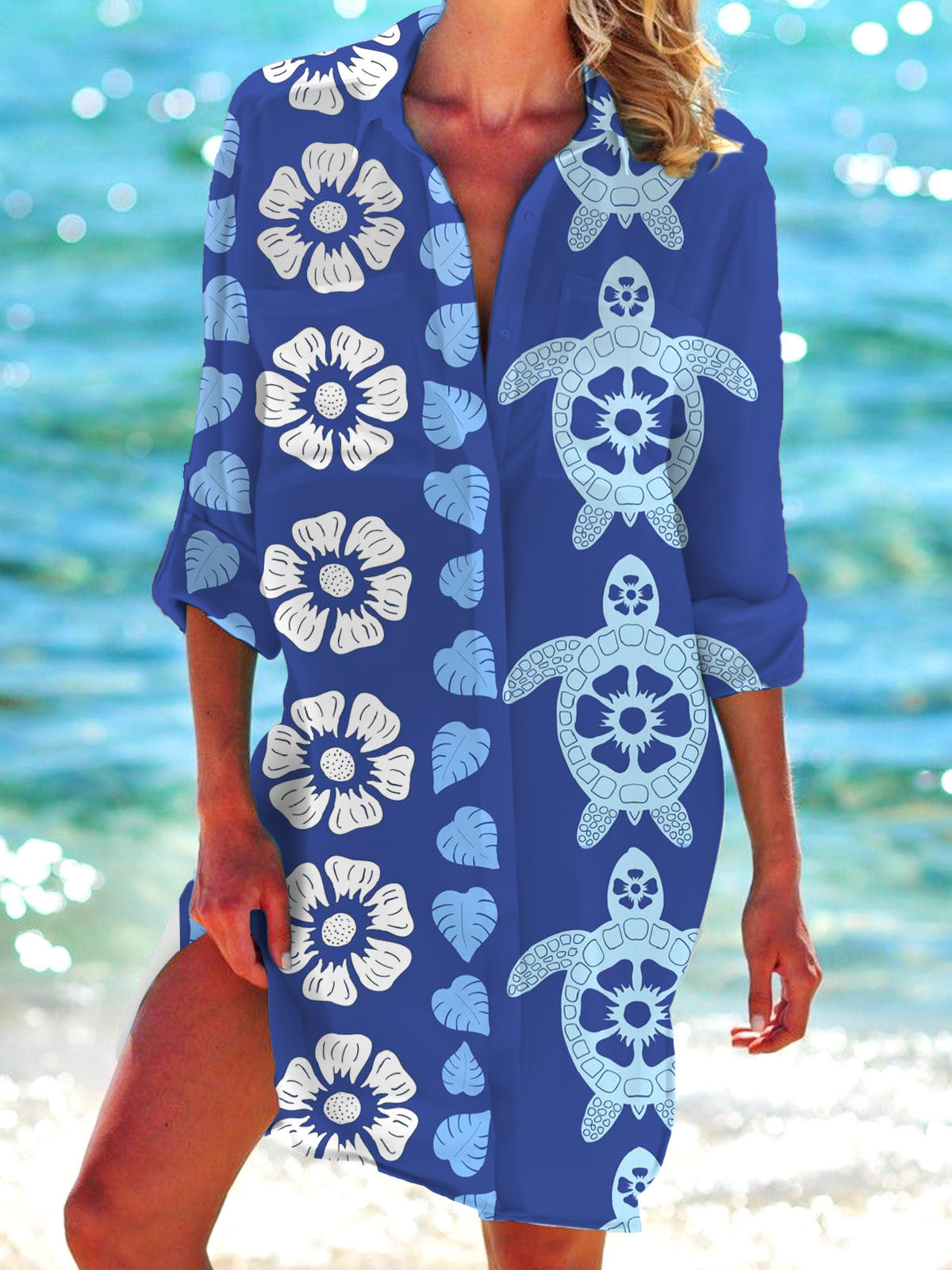 Turtle Print Long Sleeve Beach Shirt Dress
