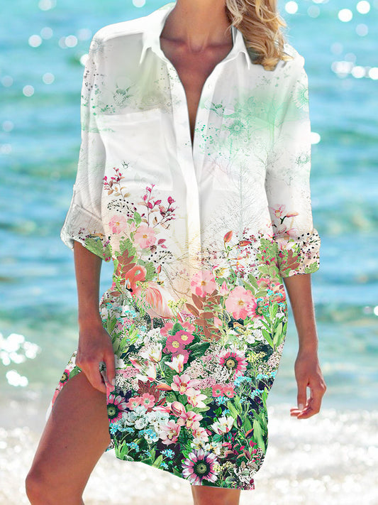 Flamingo Floral Print Long Sleeve Beach Shirt Dress