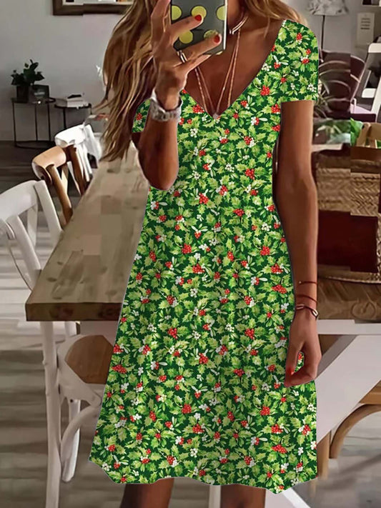 Holly Berries Green Leaves V Neck Short Sleeve Dress