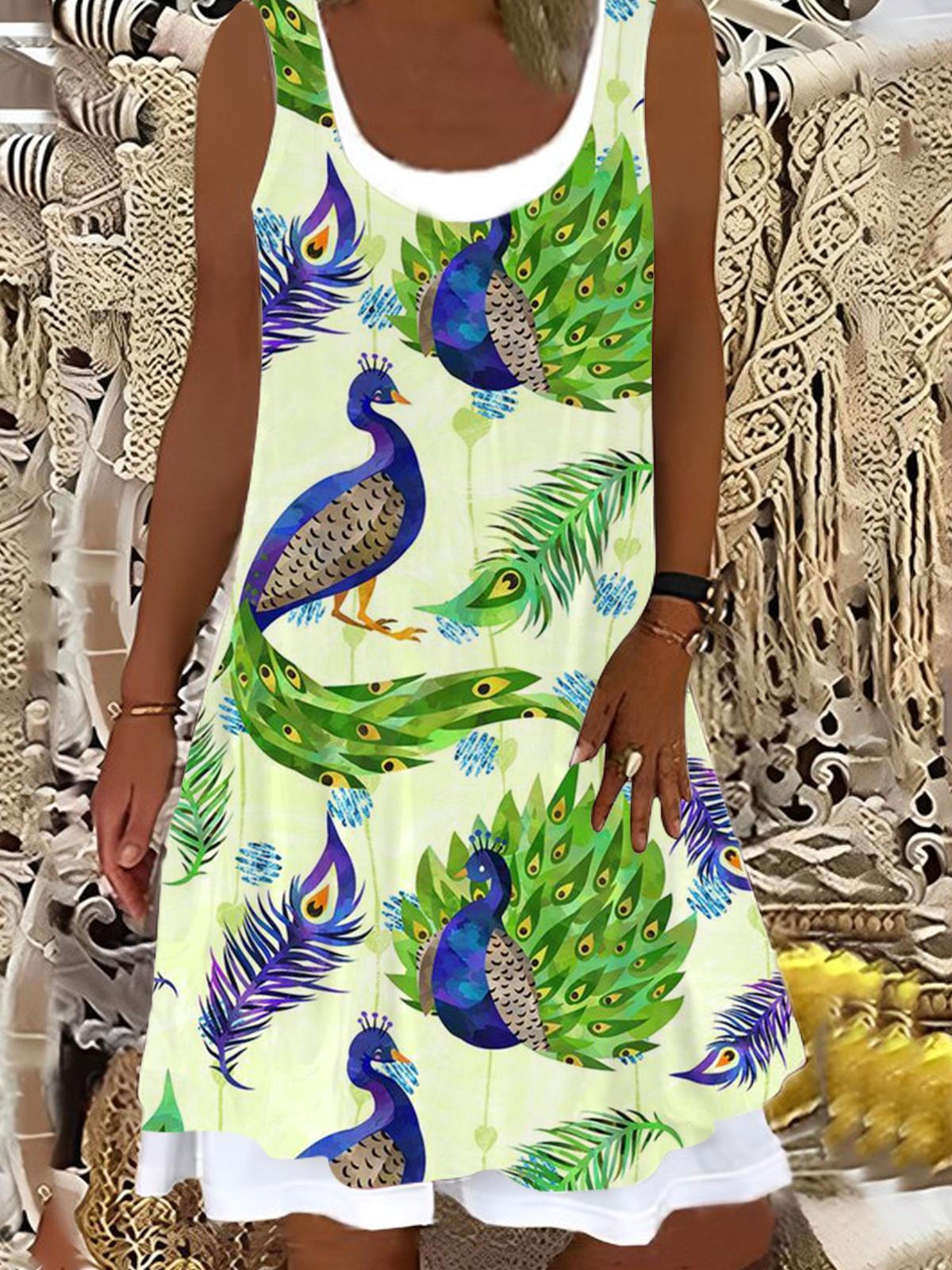 Peacock Print Ladies False Two Dress