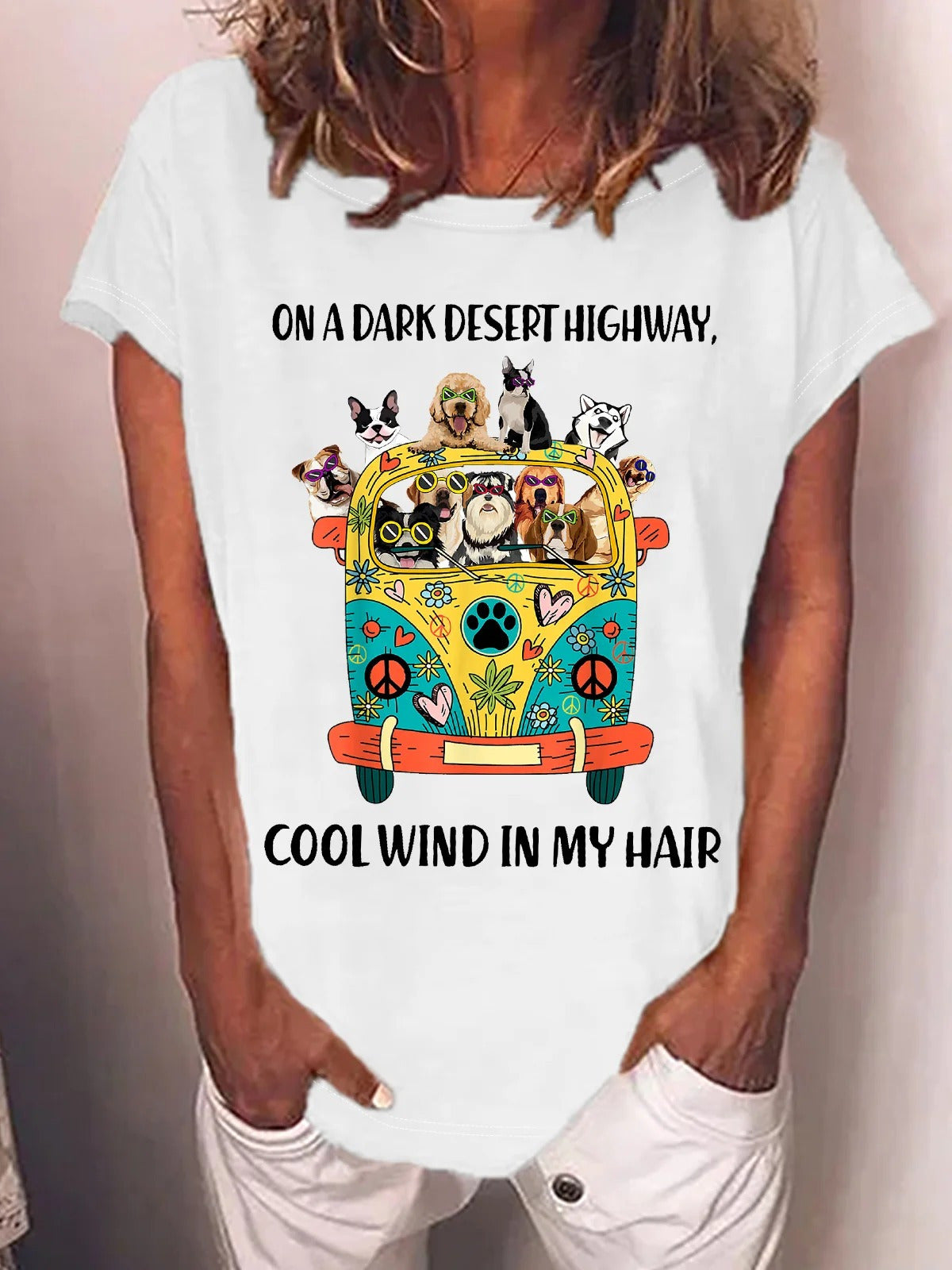 Funny On A Dark Desert Highway Cool Wind In My Hair Graphic Printing Casual Cotton-Blend Text Letters Crew Neck T-shirt