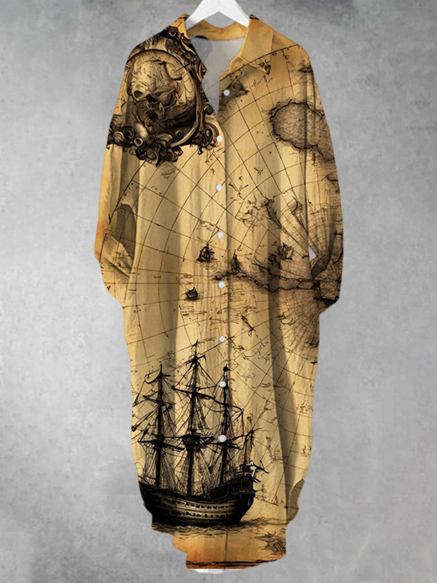 Vintage Pirate Map rinted Long Sleeve Casual Shirt Dress
