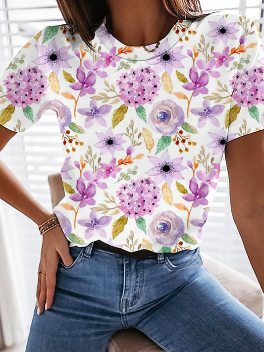 Watercolor Voilet Flower Crew Neck T-shirt