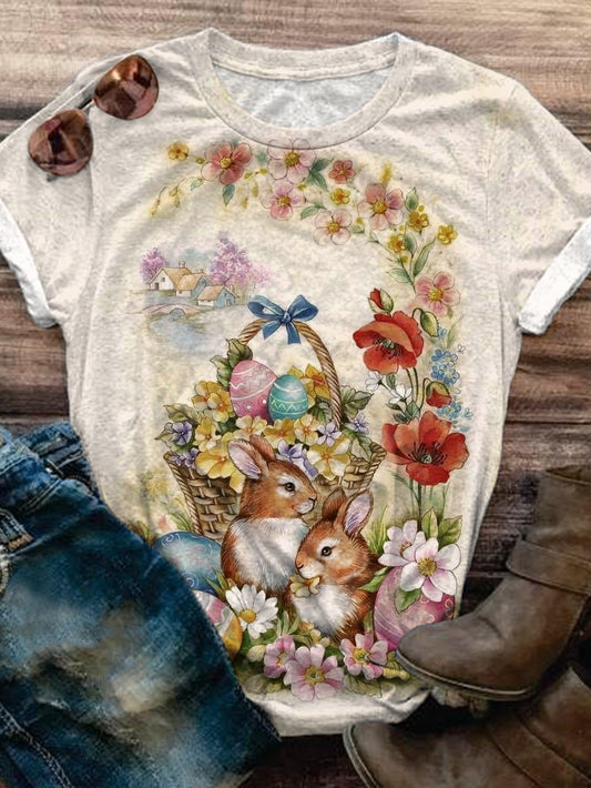 Retro Easter Bunny Print Crew Neck T-shirt
