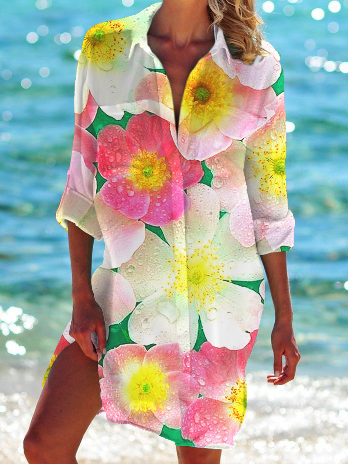 Flower Long Sleeve Beach Shirt Dress