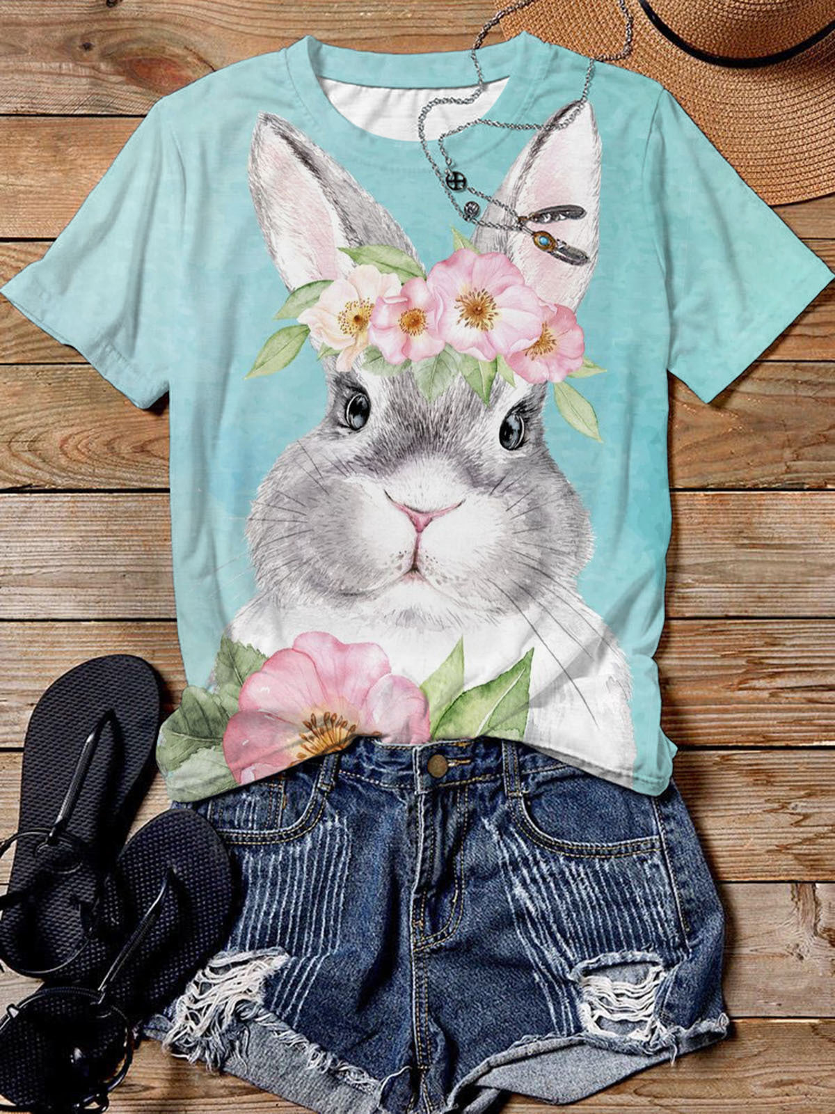 Easter Bunny Print Short Sleeve Crew Neck T-Shirt