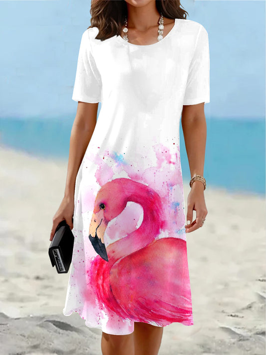 Flamingo Print Short Sleeve Crew Neck Dress