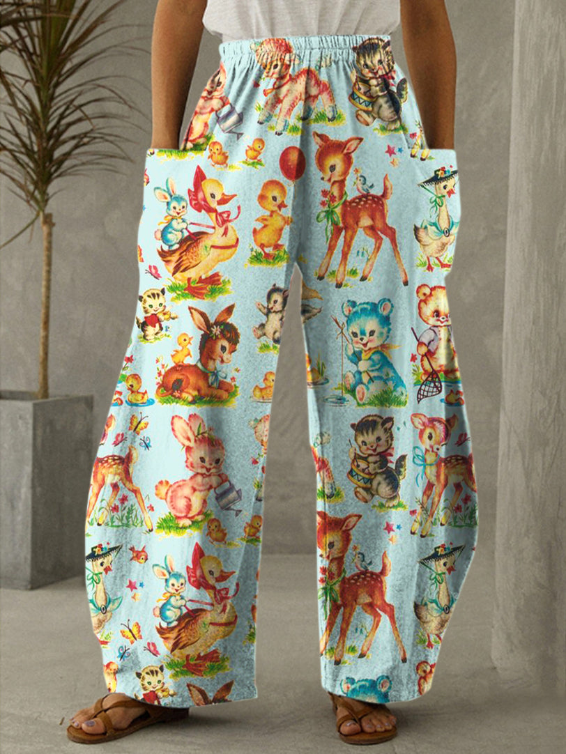 Vintage Baby Animals Print Casual Pants