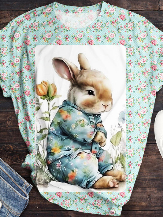 Crew Neck Easter Bunny Floral Print Top