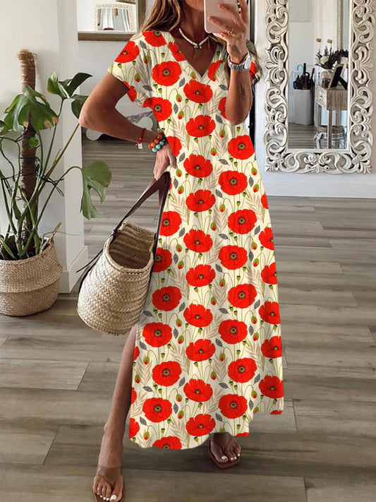 Floral Short Sleeve V Neck Maxi Dress