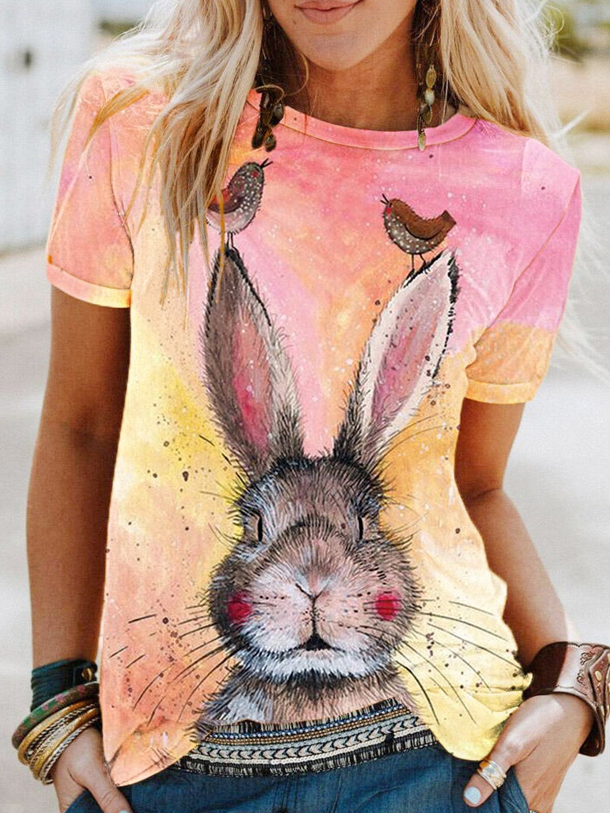 Easter Day Rabbit Gradient Crew Neck T-shirt