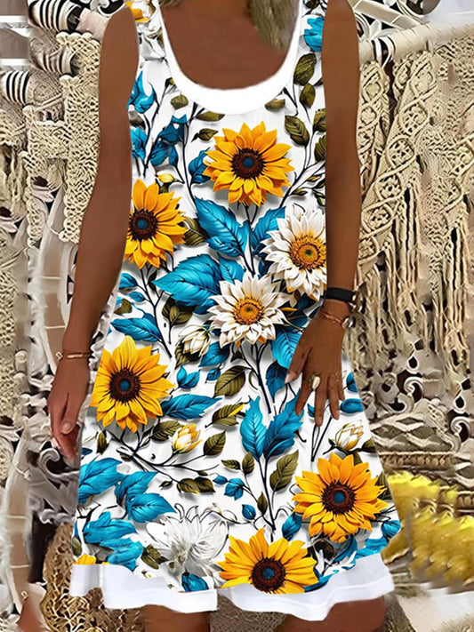 Women's Sunflower Floral Print False Two Dress