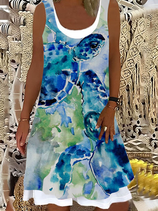 Sea Turtles Turquoise BLue Design Ladies False Two Dress