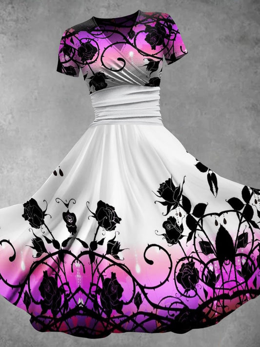 Gradient Rose V Neck Short Sleeve Women's Dress