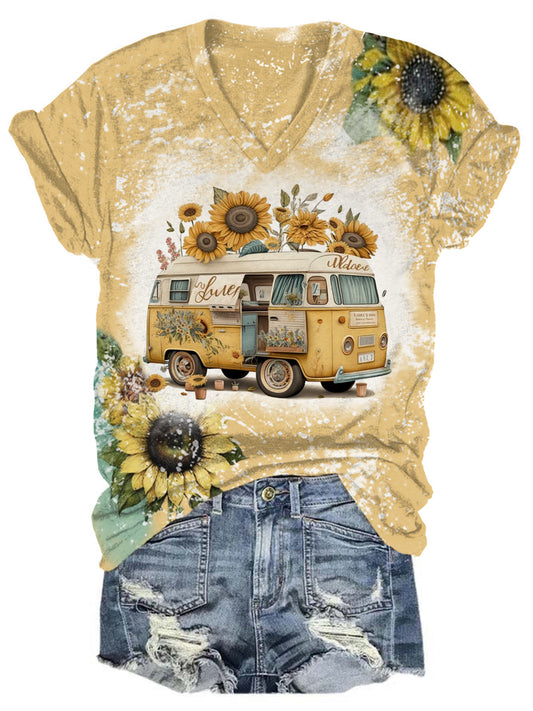 Sunflower Bus Tie Dye V-Neck T-Shirt