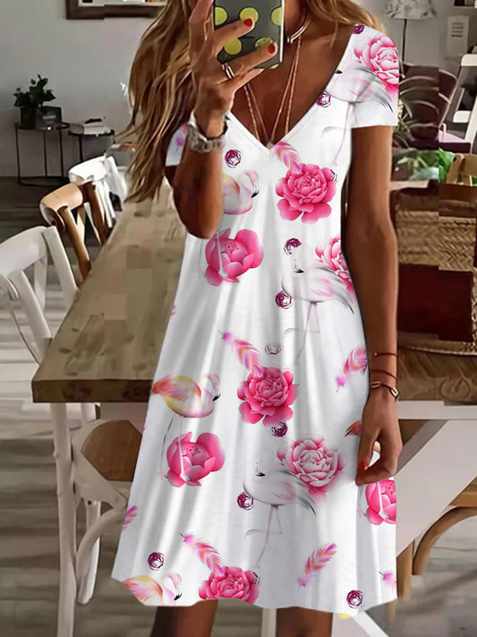 Flamingo Flower V Neck Short Sleeve Dress
