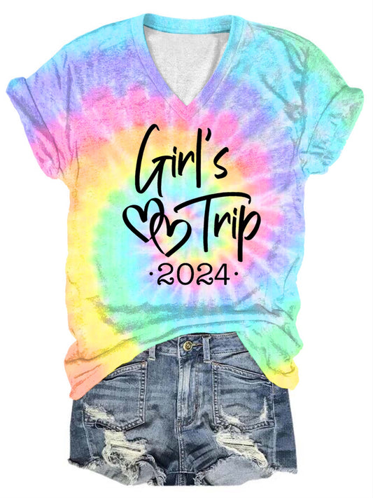 Girls Trip 2024 Printed V-Neck T-Shirt