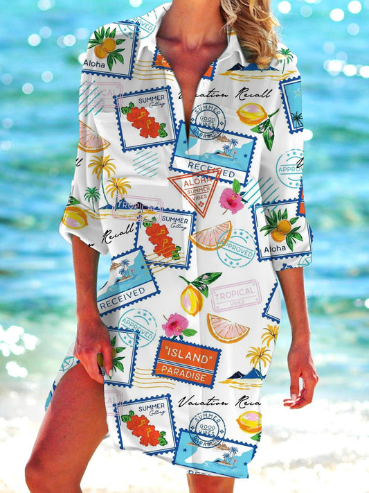 Summer Print Long Sleeve Beach Shirt Dress