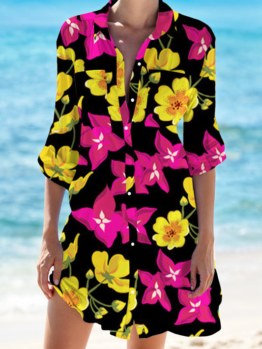 Women's Tropical Floral Print Beach Shirt Dress