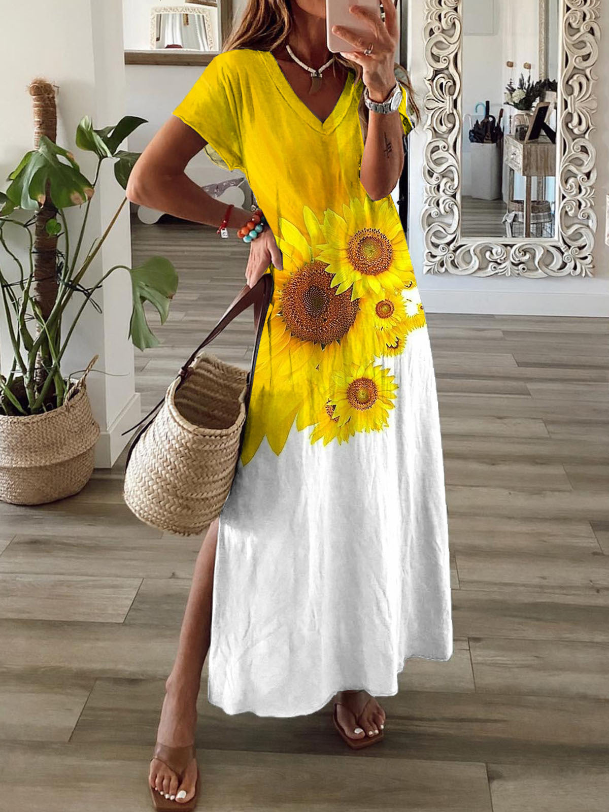 Sunflower Print Short Sleeve V Neck Maxi Dress