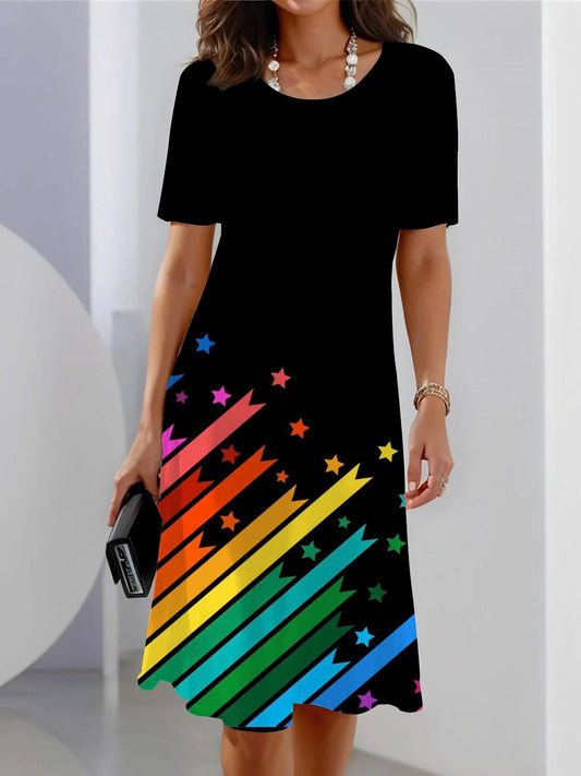 Rainbow Striped Star Print Short Sleeve Crew Neck Dress