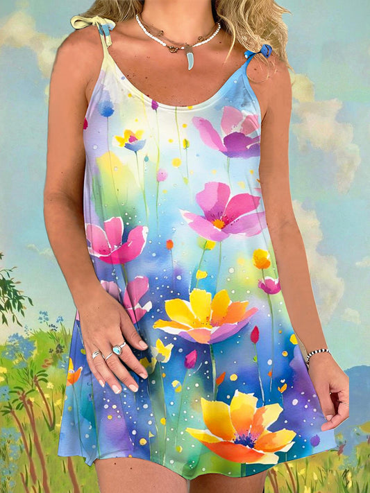 Watercolor Flower Print Sling Mini Dress