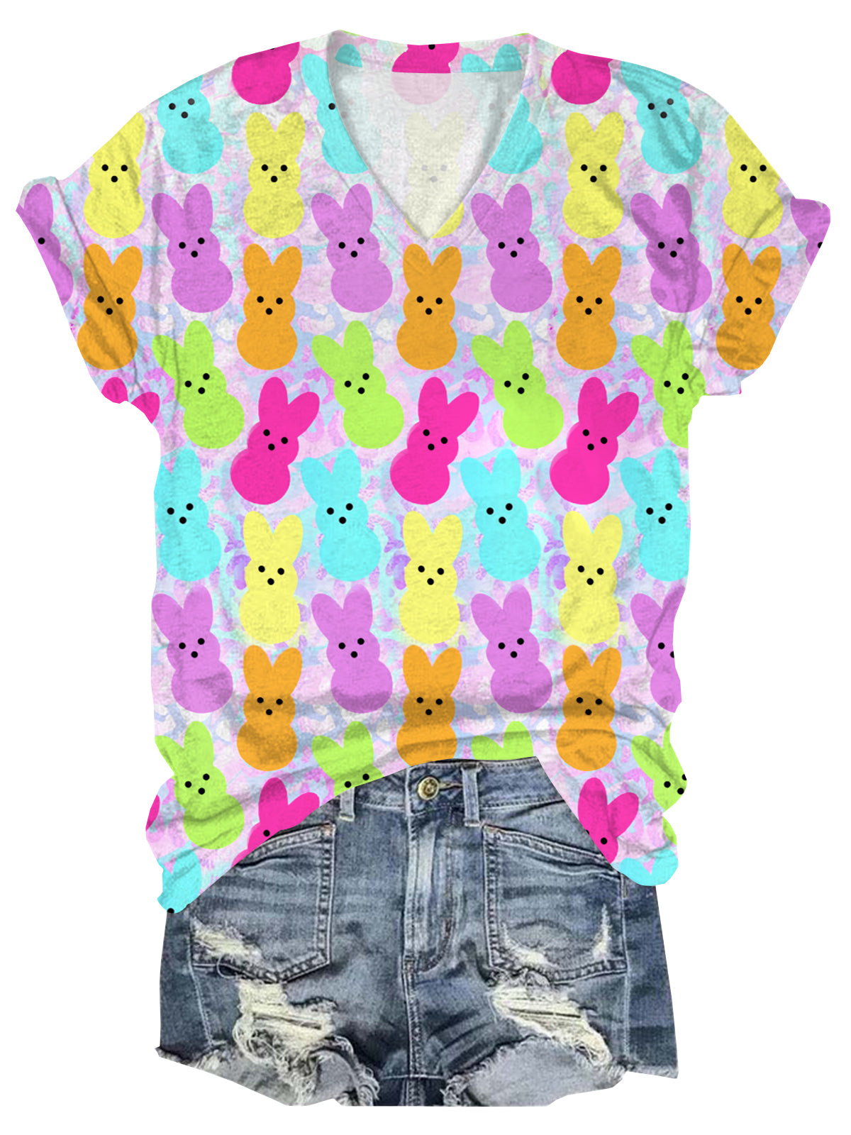 Pastel Easter Bunny Peeps Print V-Neck Short Sleeve T-Shirt