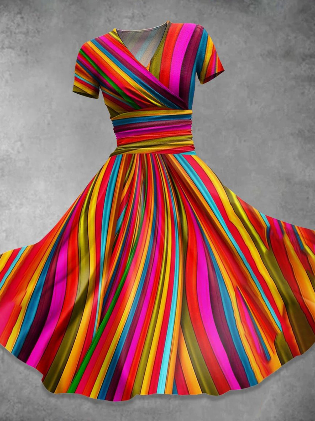Color Stripes Dopamine V Neck Short Sleeve Women's Dress