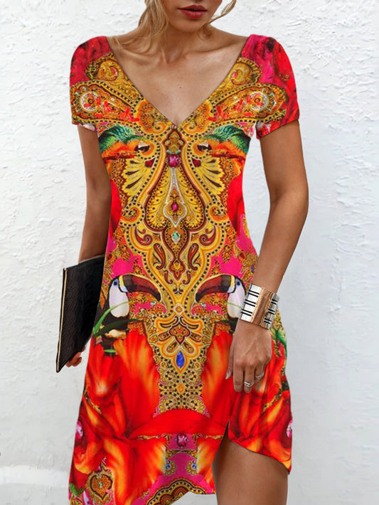 Toucan Tropical Flower Print V-neck Short Sleeve Dress
