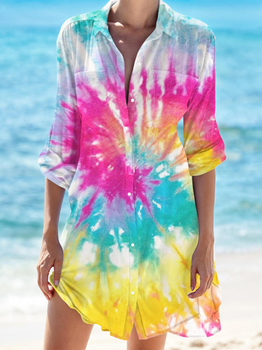 Tie Dye Printed Long Sleeve Beach Shirt Dress