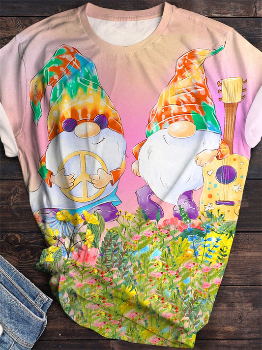 Women's Hippie Gnome Print Crew Neck T-Shirt
