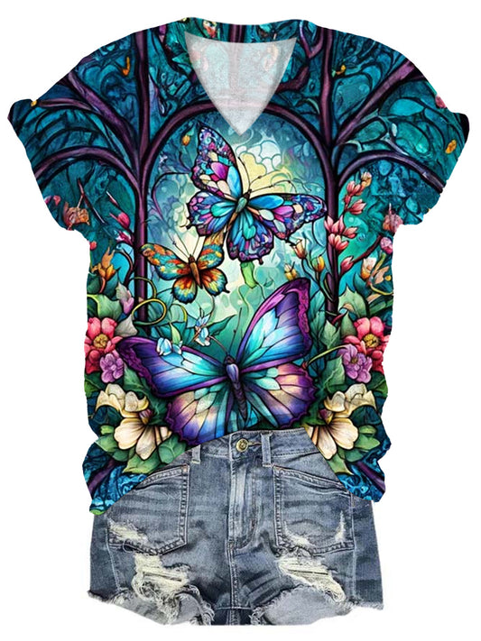 Women's Butterfly Print V-Neck Short Sleeve Top