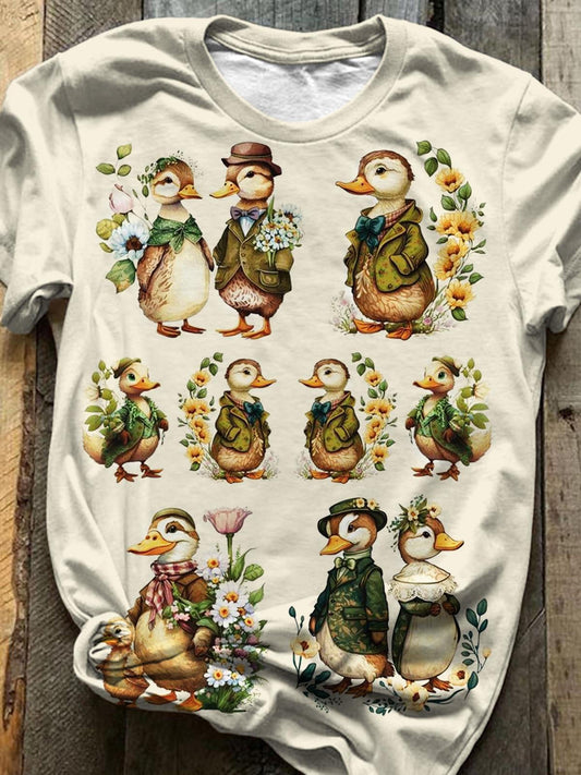 Floral Duck Print Crew Neck Short Sleeve T-Shirt